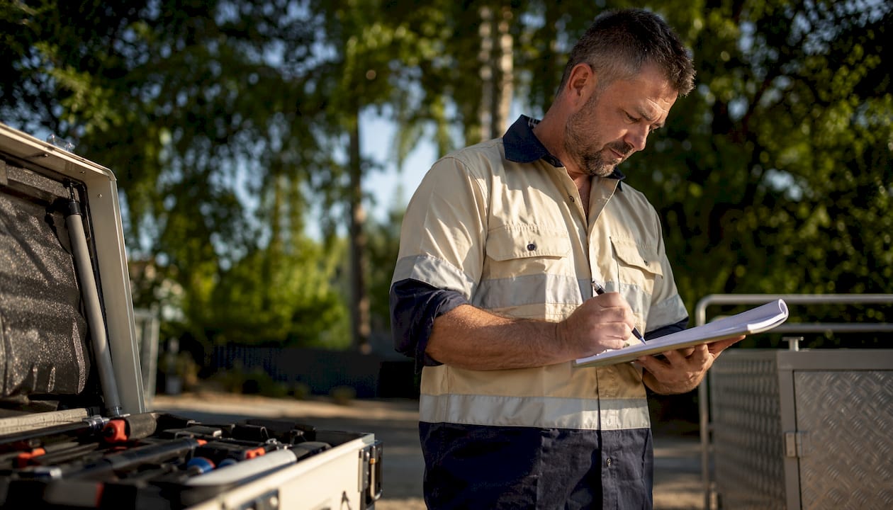 Australian tradie preparing quotes in workshop