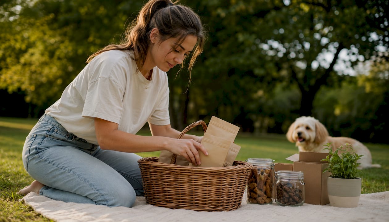 Hands packing eco-friendly pet food boxes
