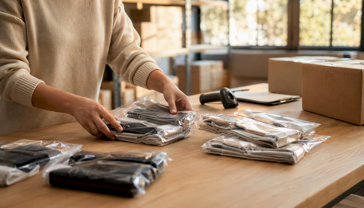 Hands sorting inventory SKUs on warehouse desk