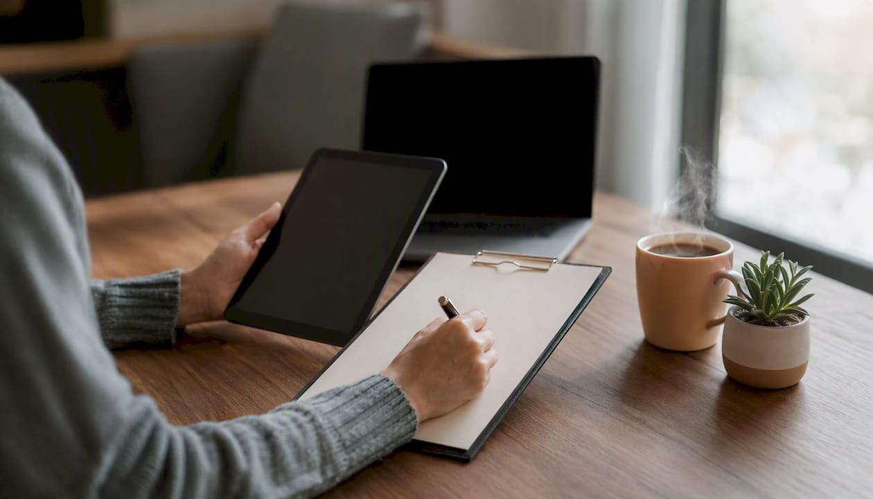 Hands validating meeting notes with clipboard