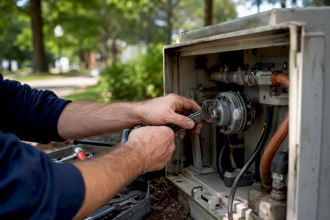 Technician hands performing mechanical task outdoors