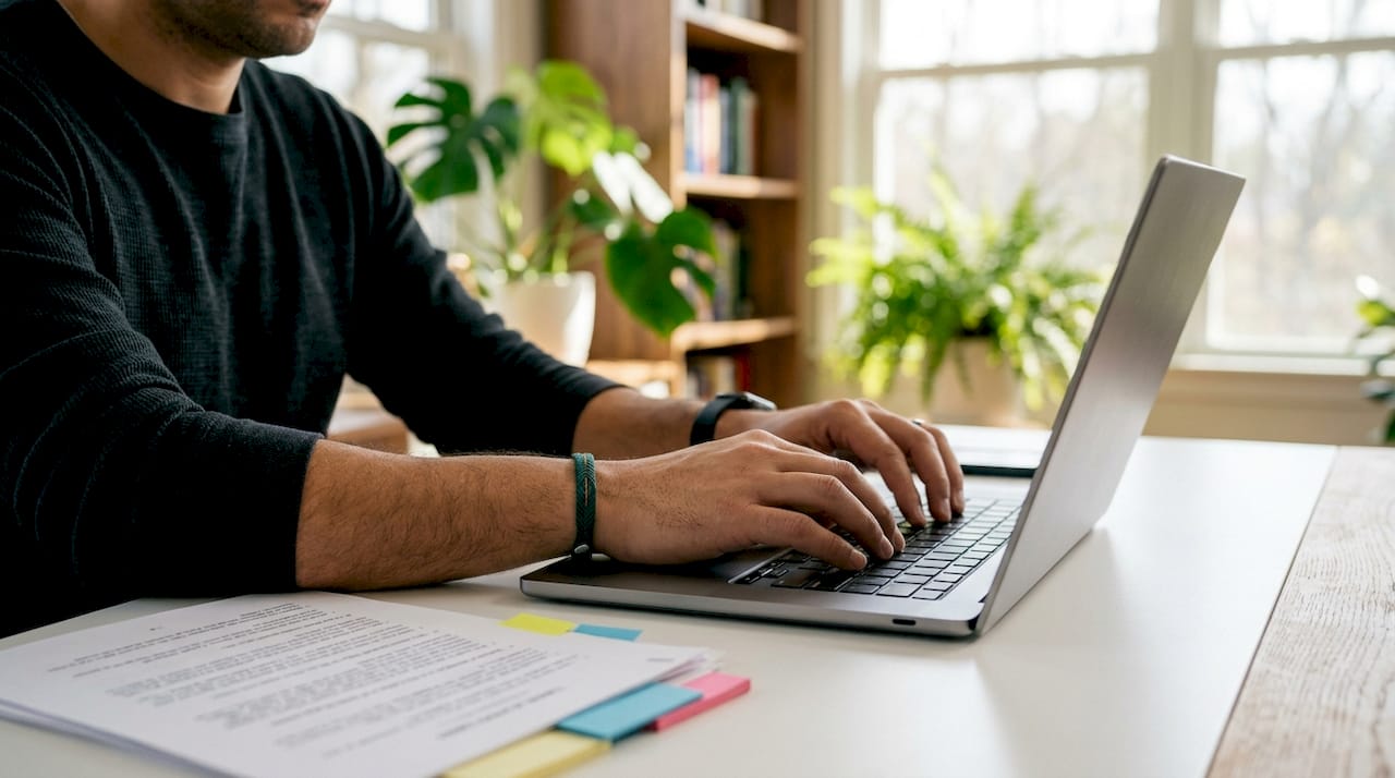 Legal professional typing on laptop in conference room