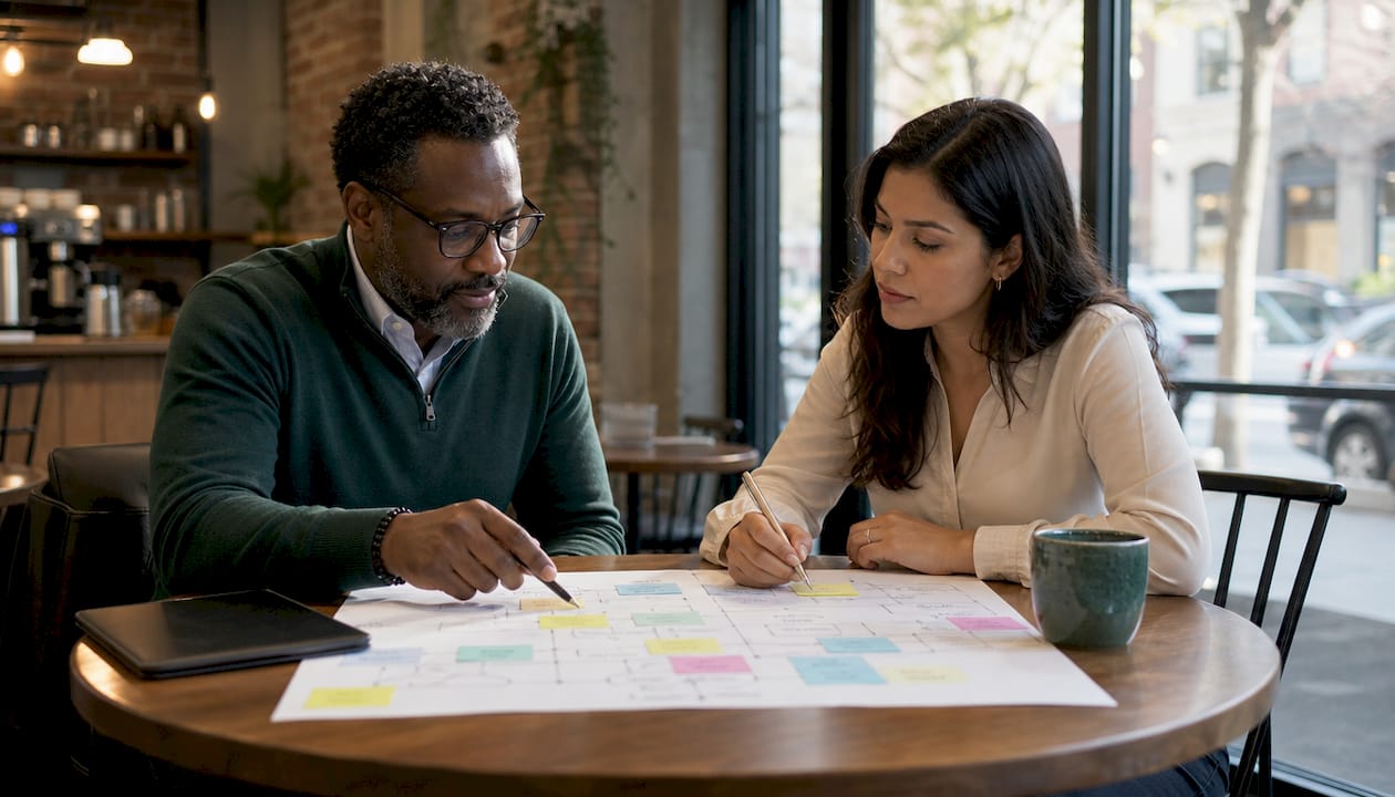 Two consultants discussing discovery phase workflows