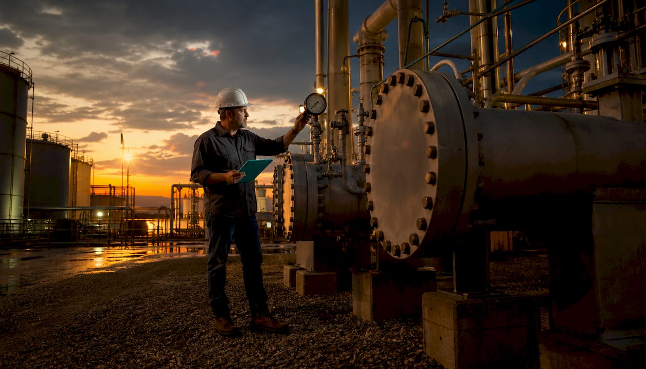 Engineer inspecting shell-and-tube heat exchanger