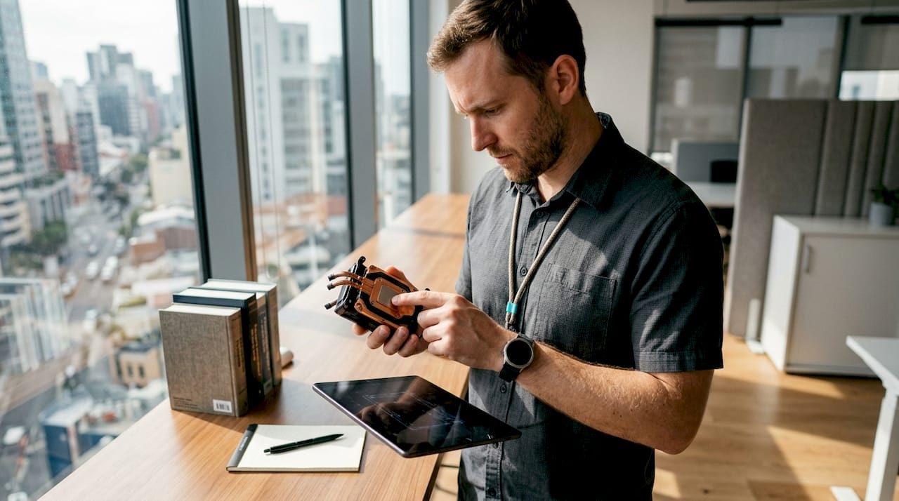 Engineer measuring heat sink in lab workspace