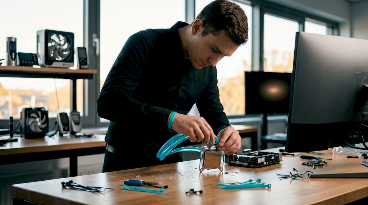 Technician assembling liquid cooling system components