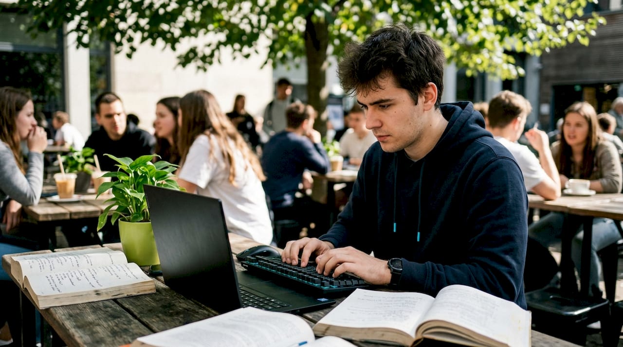 Student typing Python code at library desk