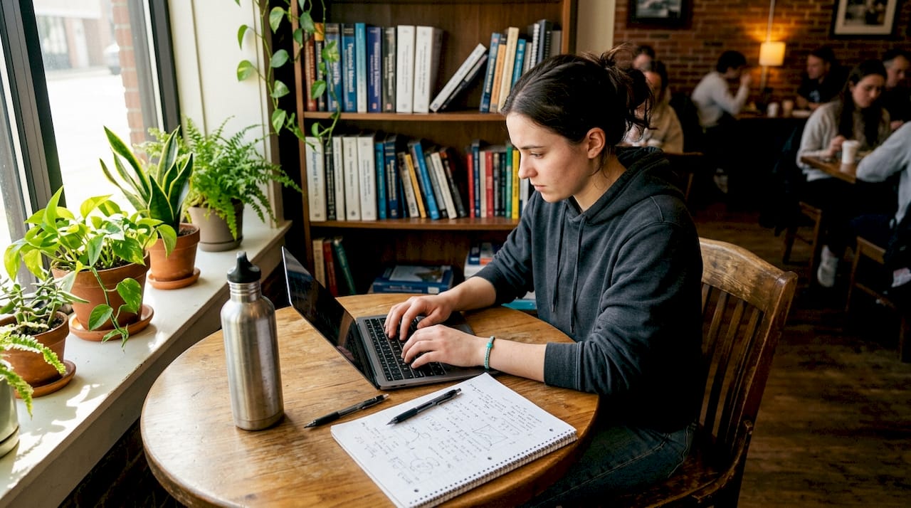 Engineering student coding on laptop in dorm