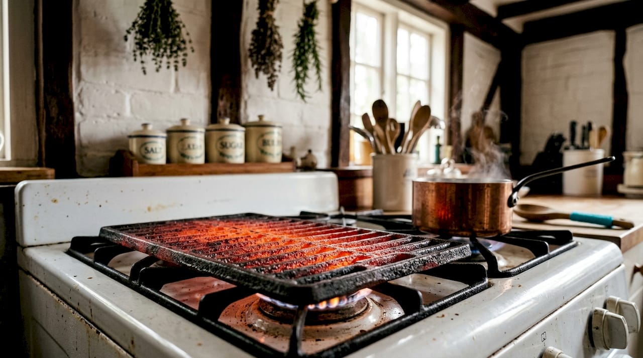 Radiant heat glowing grill grate on stove