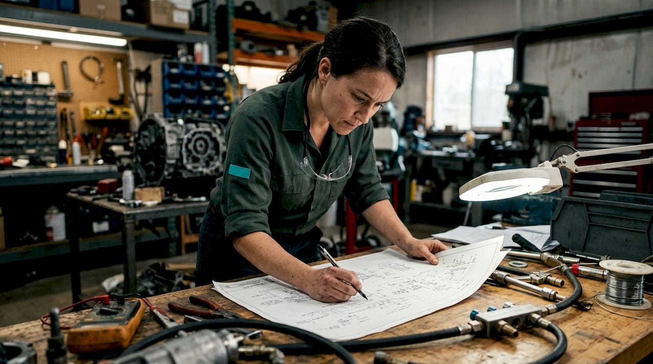 Engineer reviewing thermal design schematics