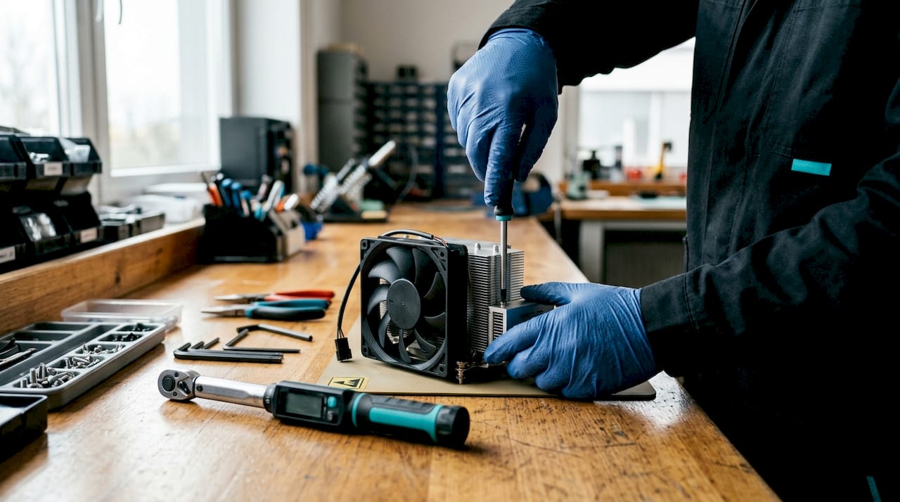 Hands assembling forced-air cooling fan system