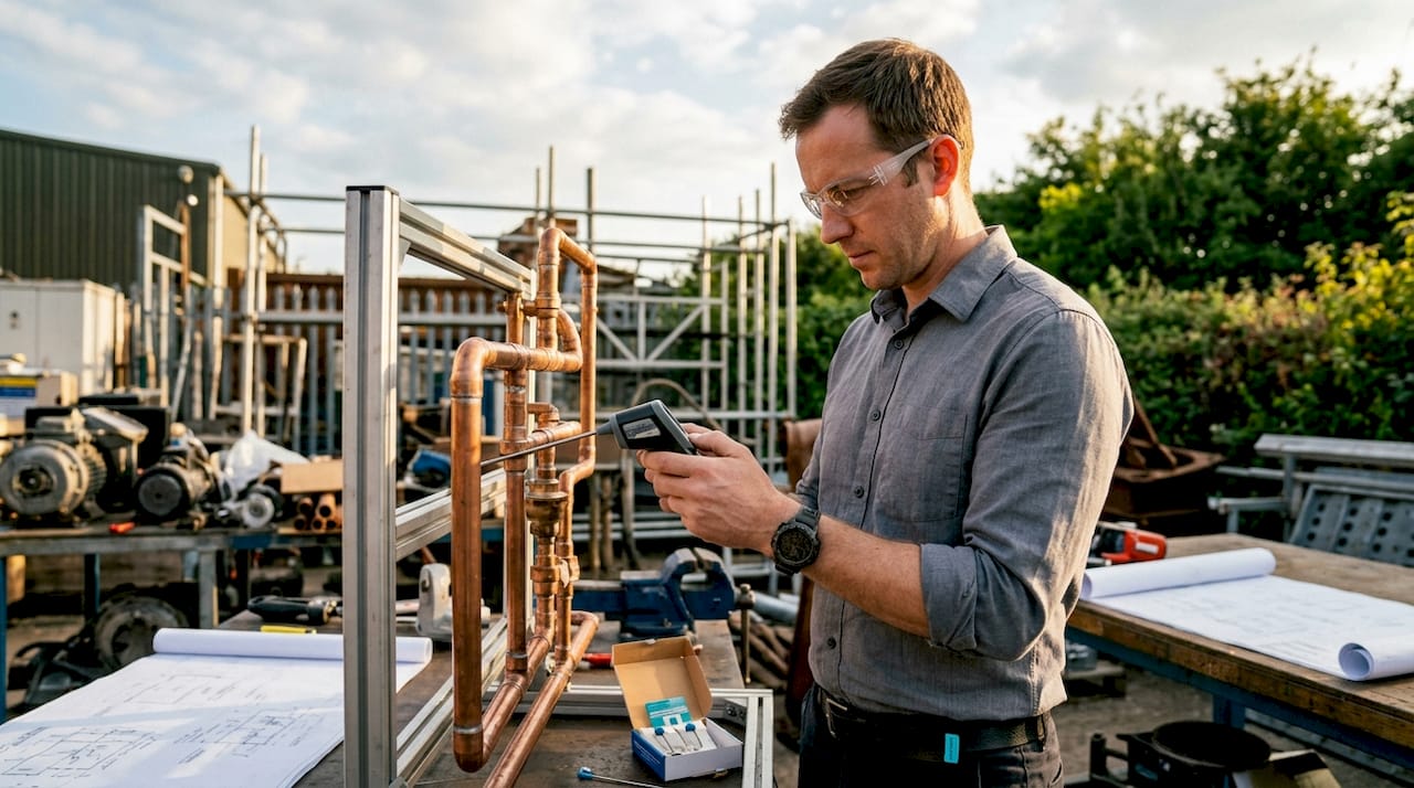 Engineer testing heat transfer equipment