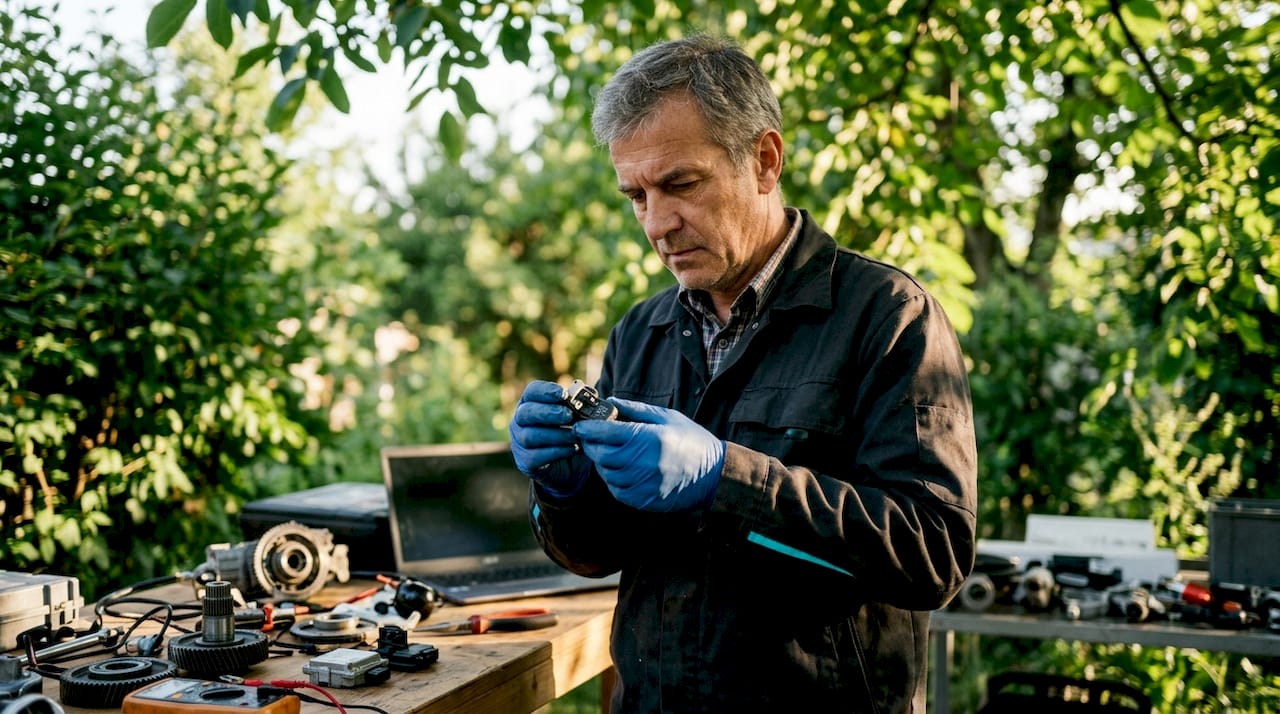 Engineer inspecting a TPMS sensor module