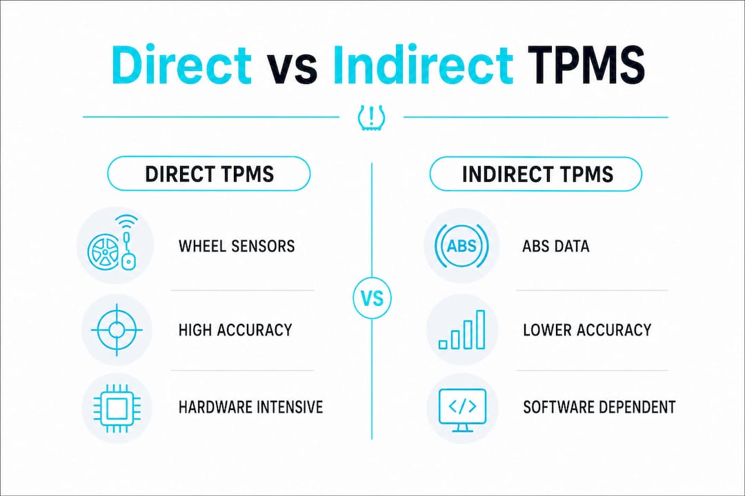 Infographic comparing direct and indirect TPMS structures