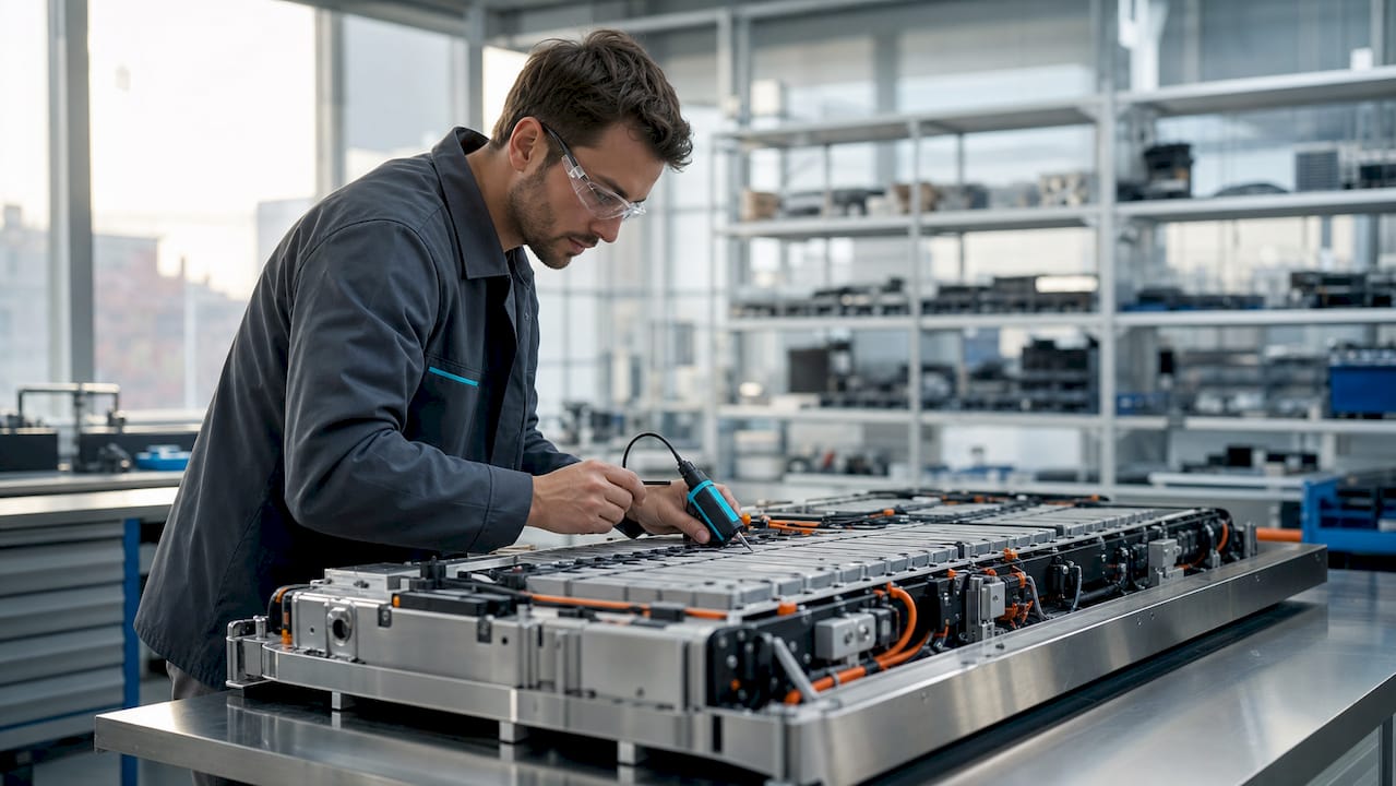 Engineer inspecting electric vehicle battery thermal system
