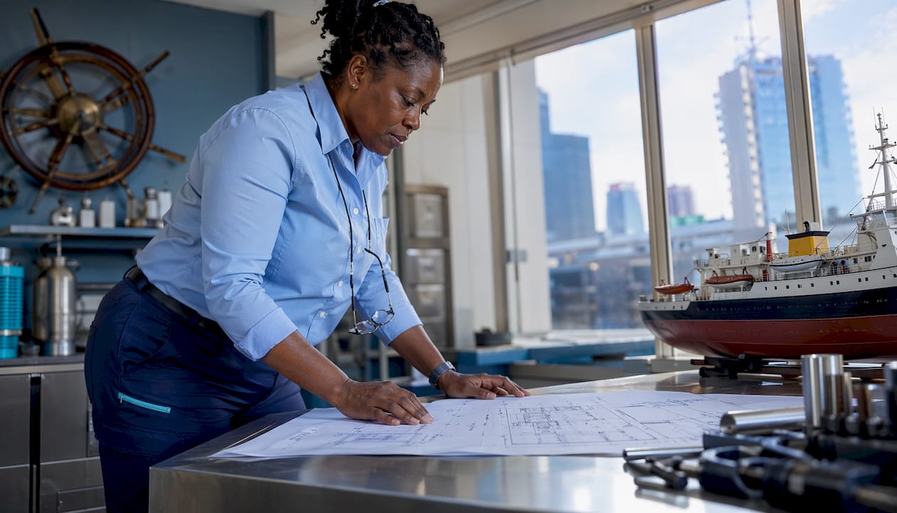 Marine engineer reviewing vessel design blueprints