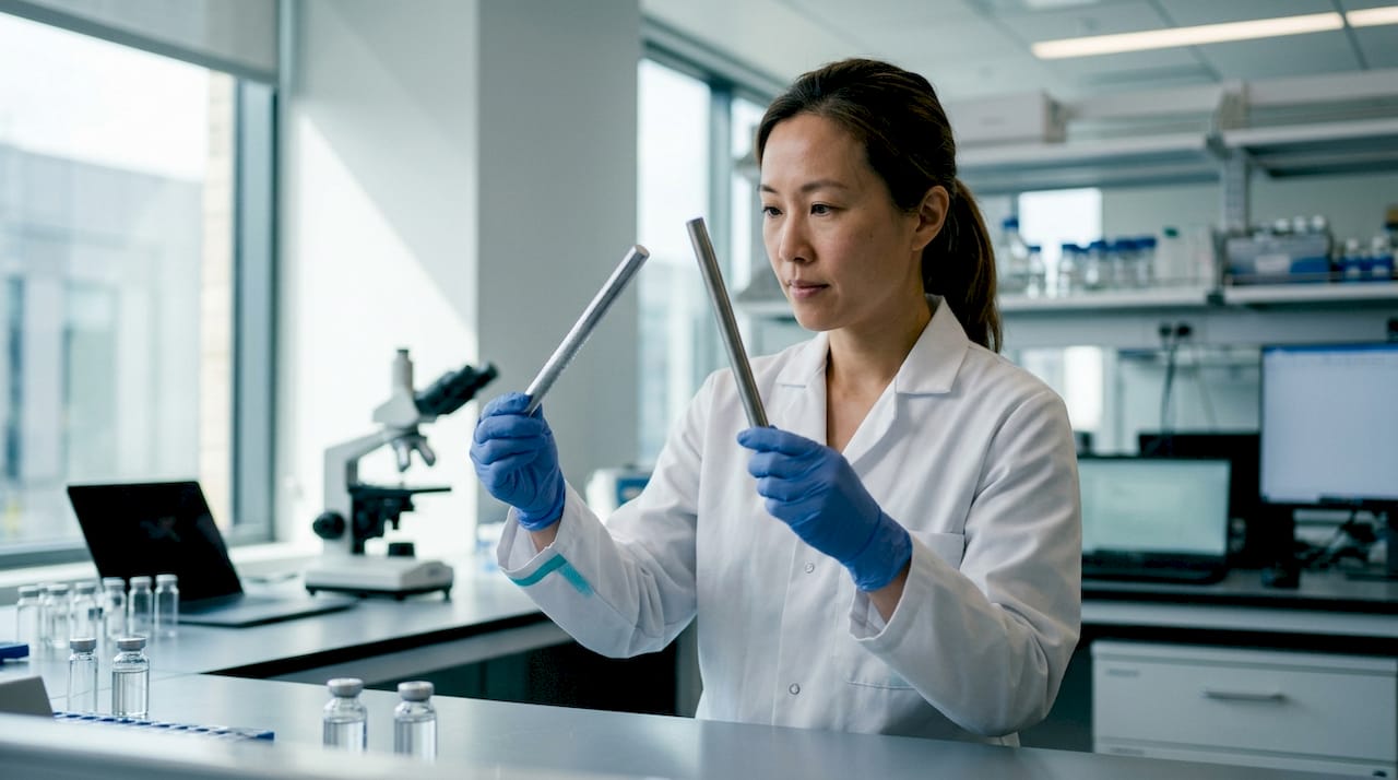 Scientist comparing metal rods’ temperatures
