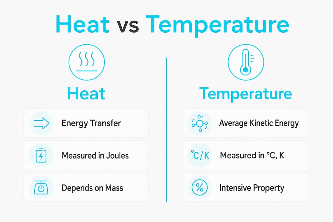 Infographic comparing heat and temperature properties