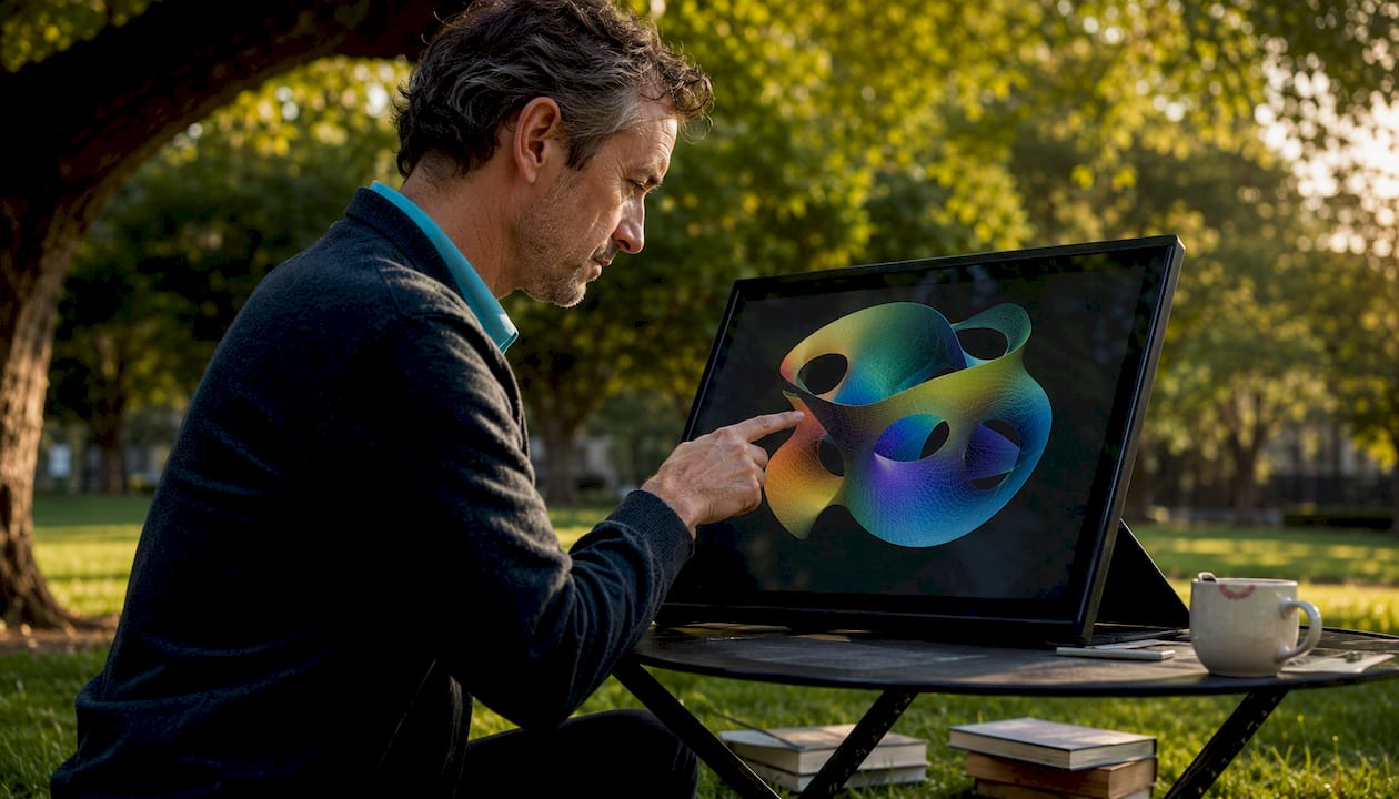 Mathematician explaining 3D gyroid model on screen