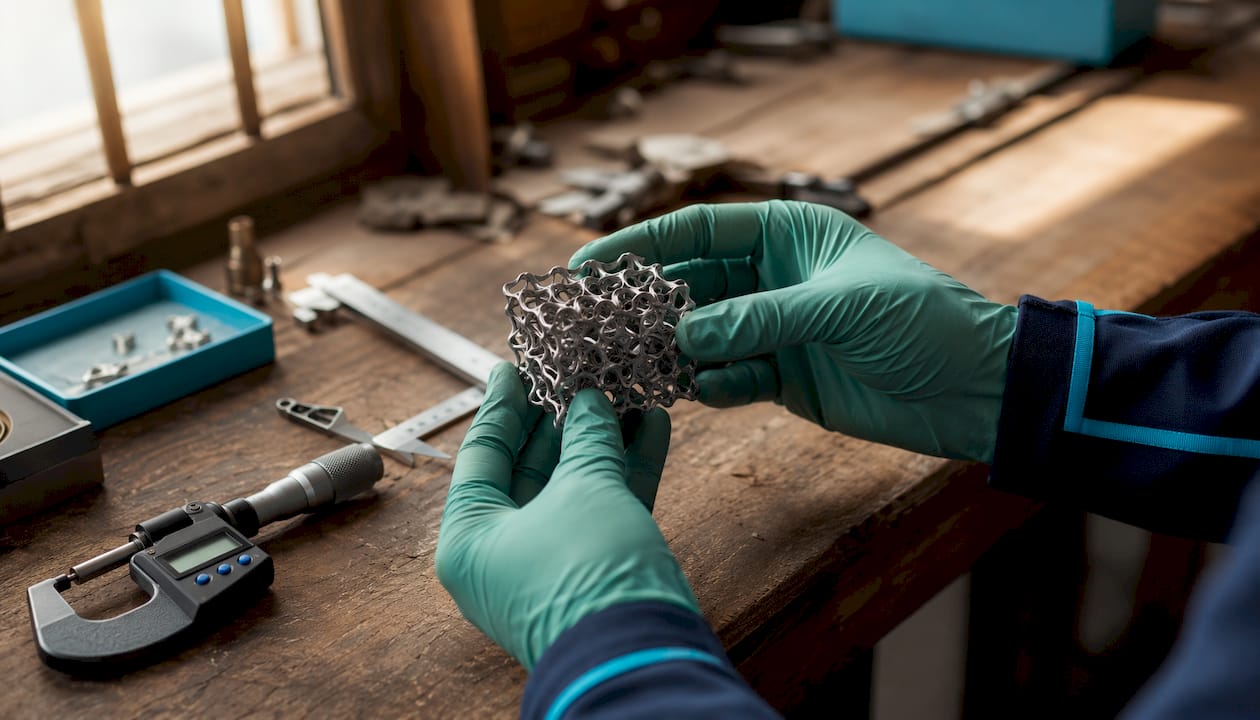 Hands measuring gyroid lattice with micrometer