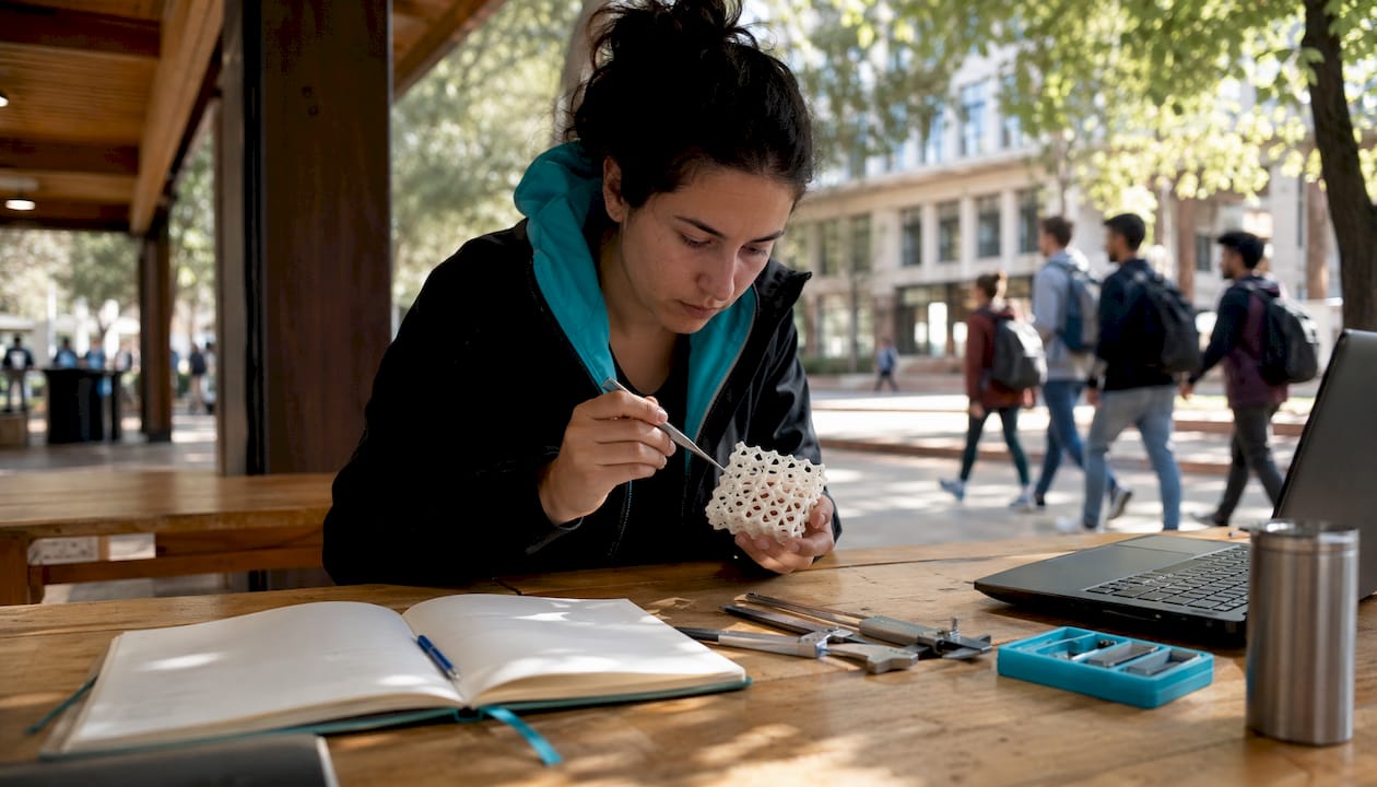Scientist examining 3D-printed gyroid lattice sample