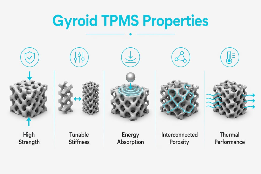 Infographic showing gyroid TPMS properties hierarchy