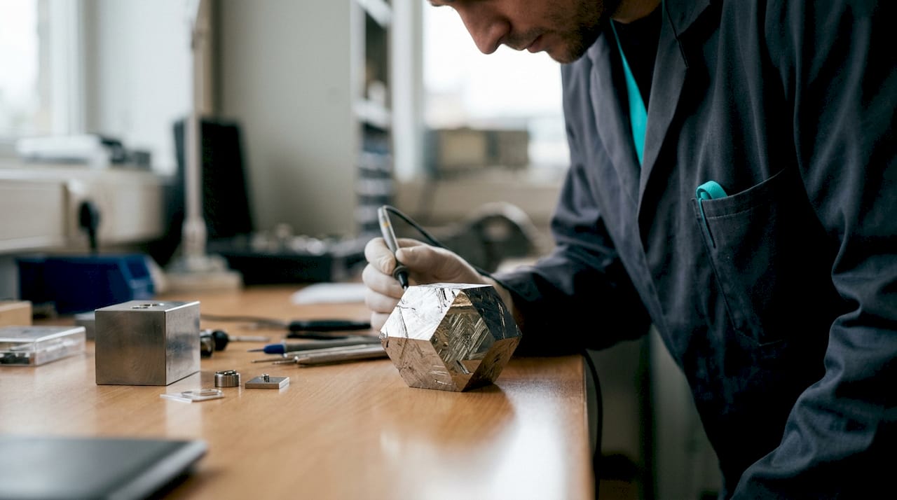 Close-up of hexagonal crystal for conductivity tests