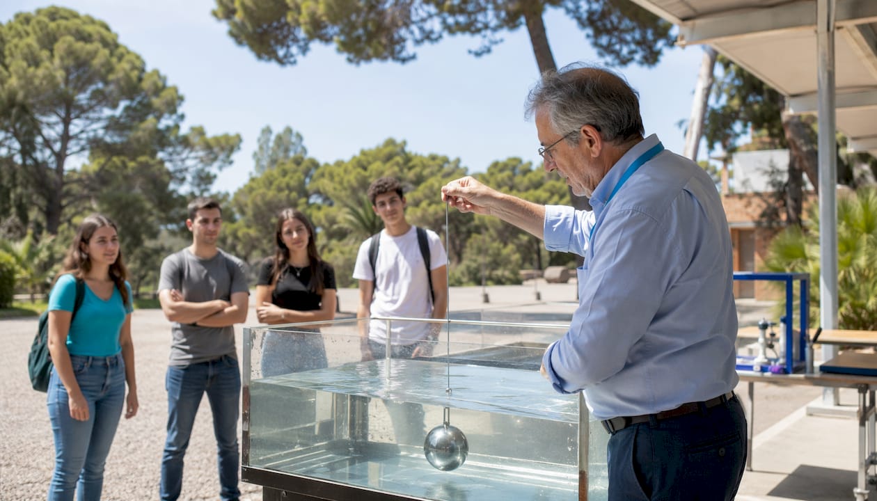 Professor demonstrating Archimedes' principle