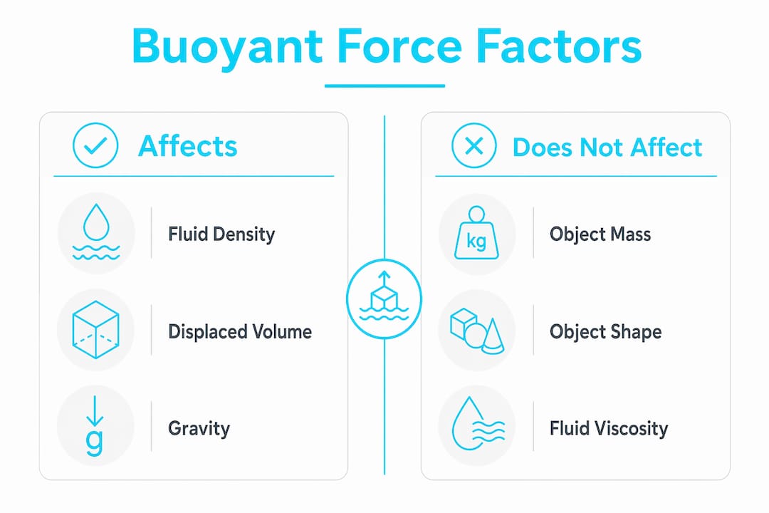 Infographic showing factors affecting and not affecting buoyant force