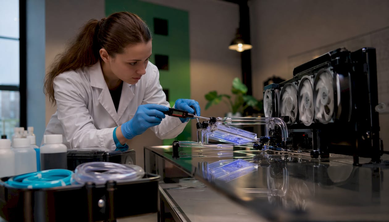 Technician examining liquid cooling setup