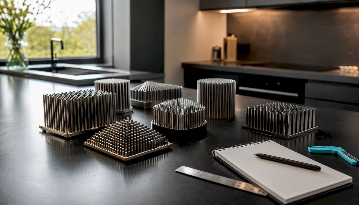 Close-up of diverse pin fin heat sink shapes