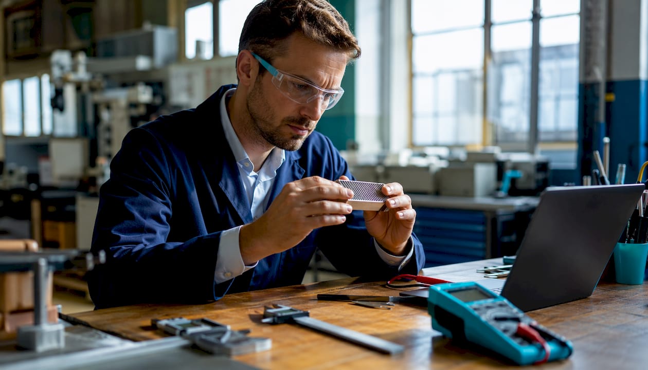 Engineer inspecting pin fin heat sink at lab bench