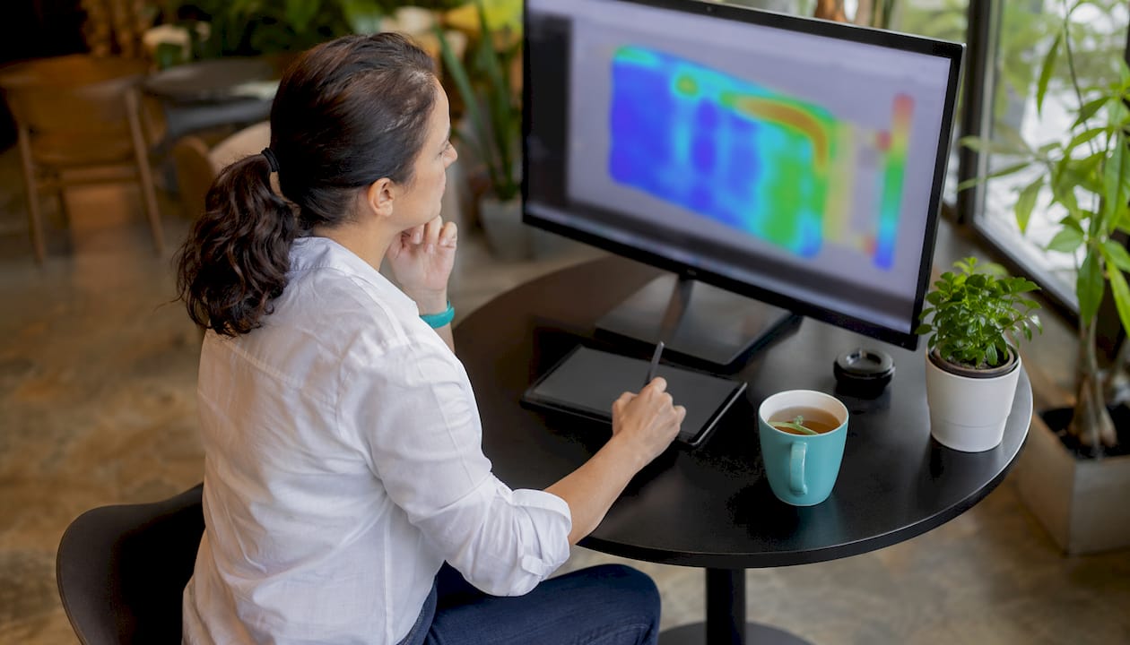 Female engineer working on thermal simulation at desk