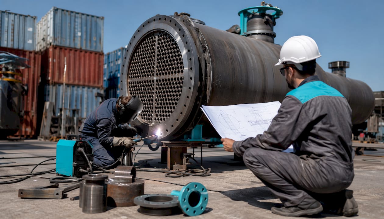Technicians assembling industrial heat exchanger