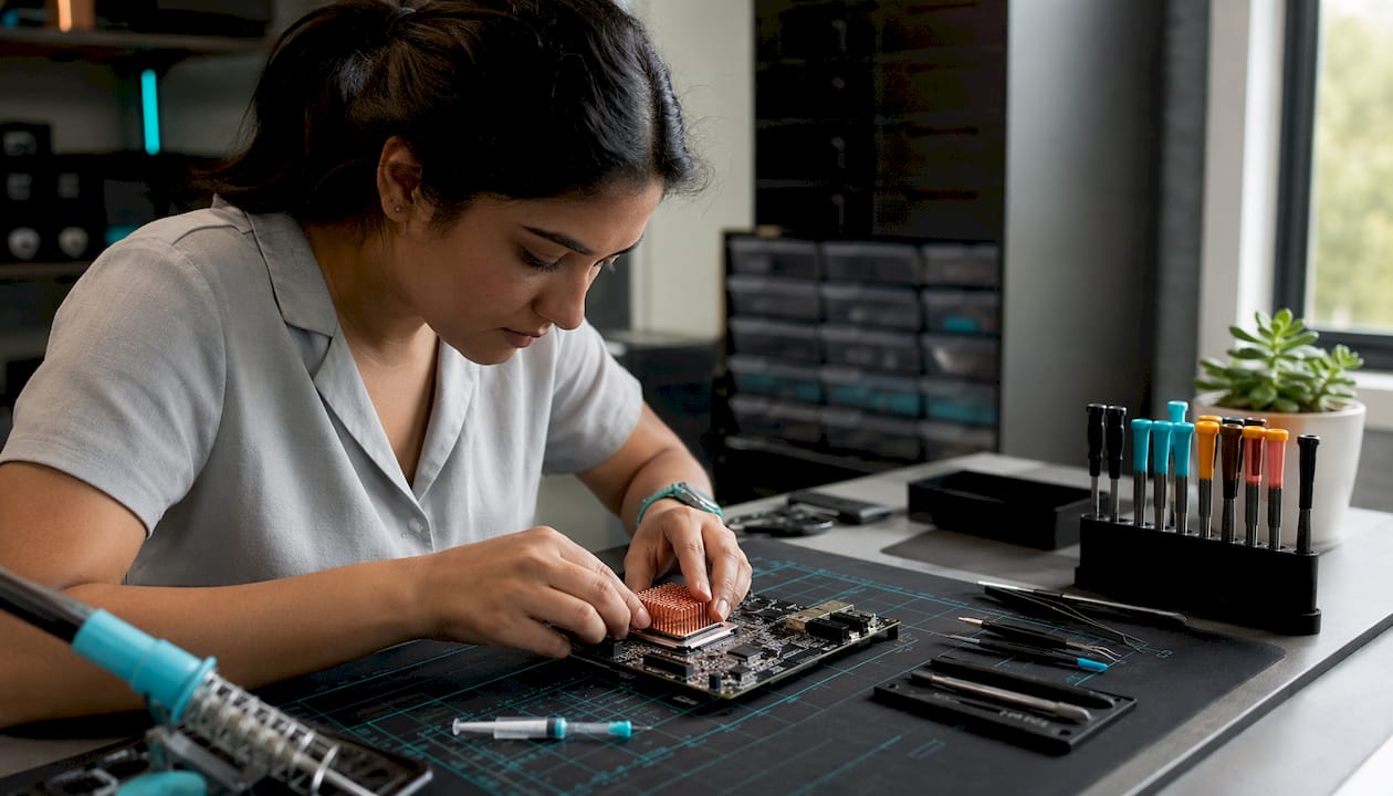 Hands attaching heat sink to circuit board