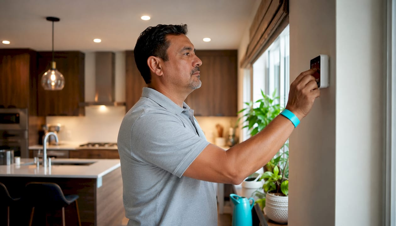 Man adjusting ductless mini-split thermostat