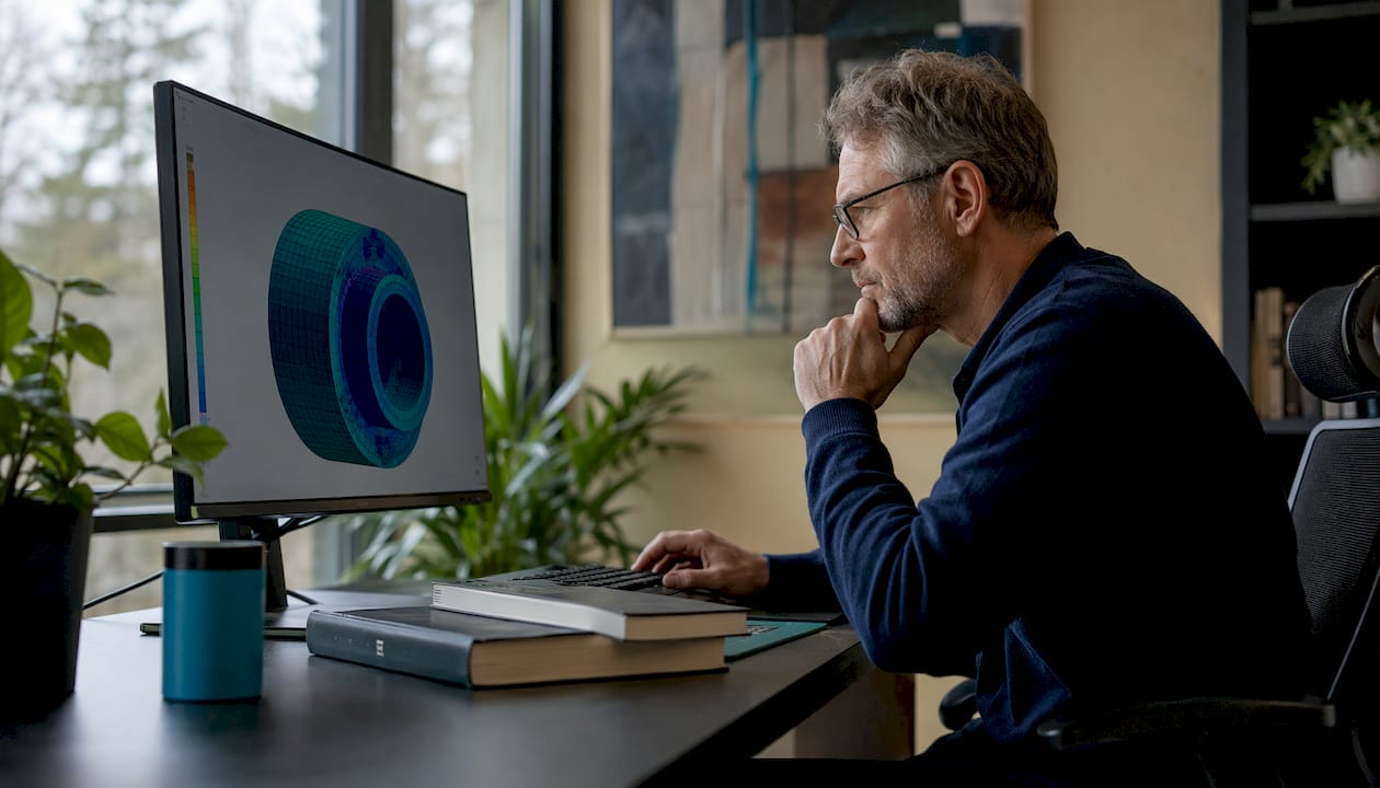 Engineer reviewing thick-walled vessel FEA model on screen