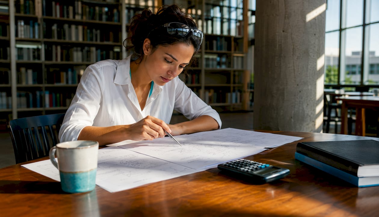 Engineer reviewing heat transfer equations and diagrams