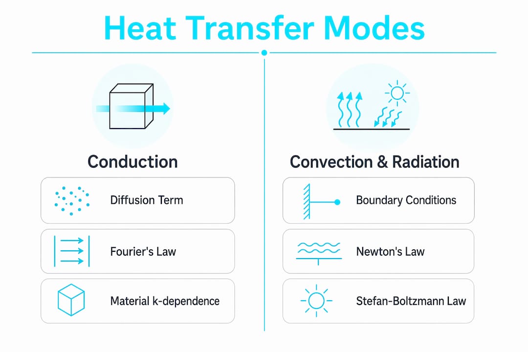 Infographic comparing heat transfer modes conduction vs convection and radiation