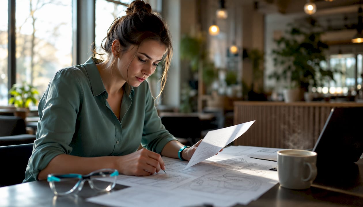 Engineer reviewing fin efficiency formulas on desk