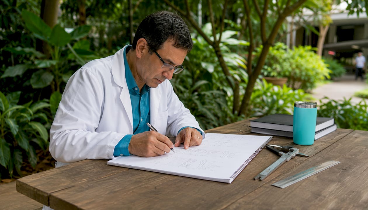 Engineer sketching fin heat transfer derivation close-up