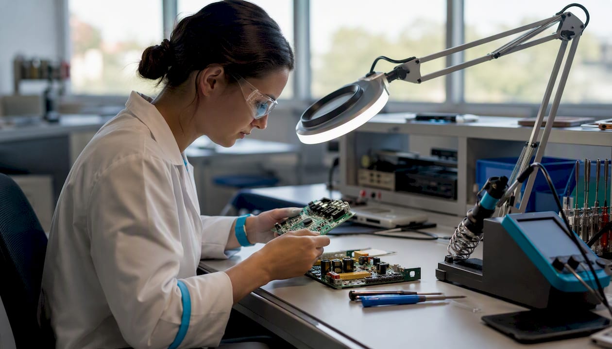 Engineer inspecting PCB for thermal issues