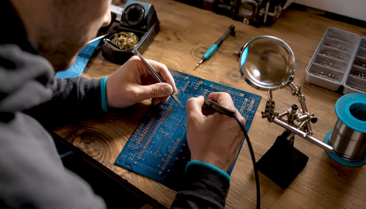 Technician placing thermal vias on PCB