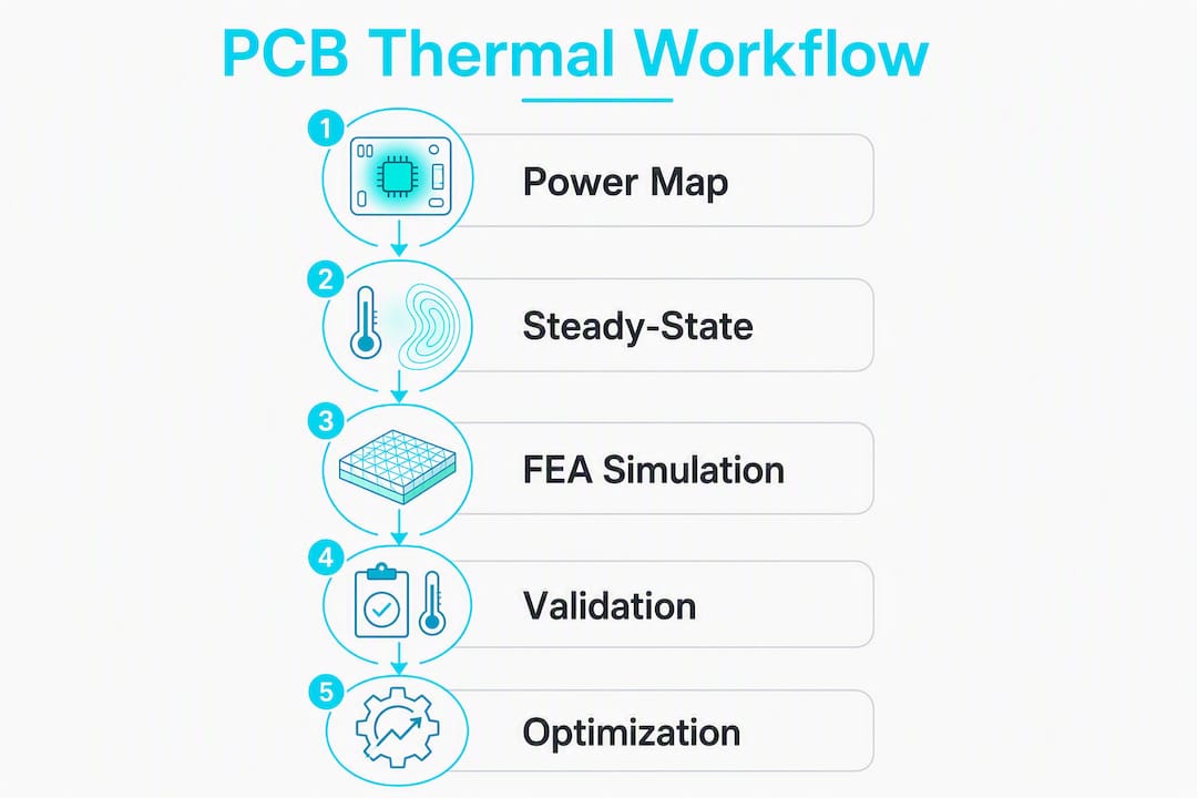 Infographic illustrating PCB thermal analysis workflow steps