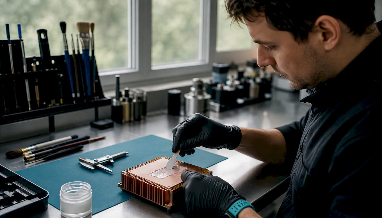Hands applying thermal gel to heat sink with tools