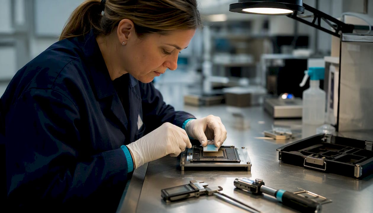 Technician installing thermal pad on semiconductor chip