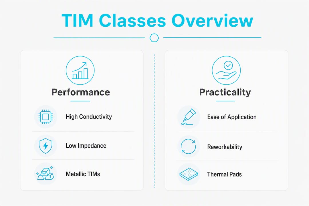 Infographic comparing thermal interface material classes by performance and practicality