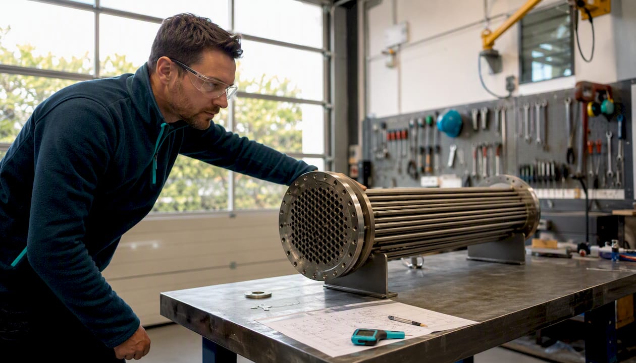 Engineer inspecting heat exchanger model in lab