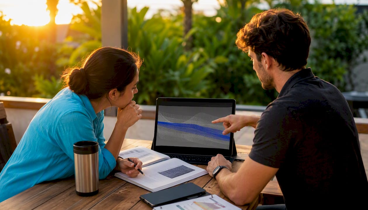 Engineers discussing heat transfer mesh on touchscreen