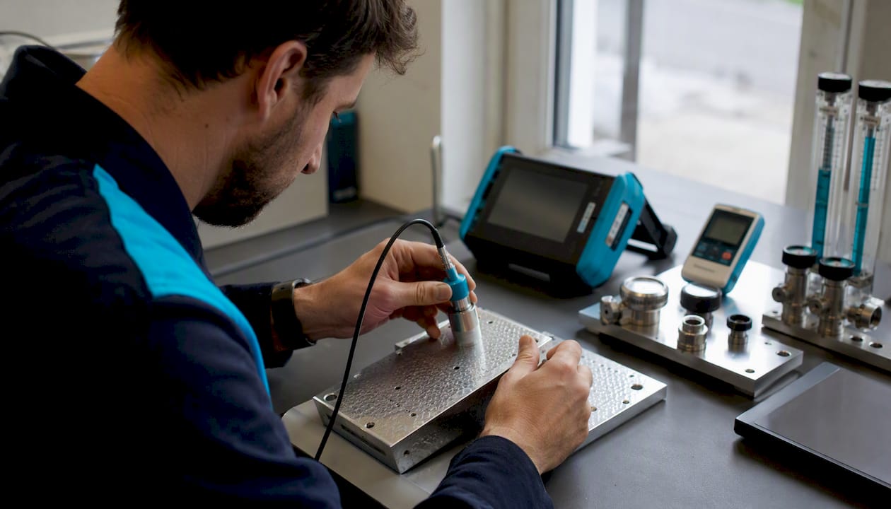 Hands measuring conduction on metal plate